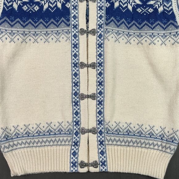 Dale of Norway Mens Cardigan Sweater sz L Fair Isle Wool Metal Clasps Blue White - Picture 3 of 11